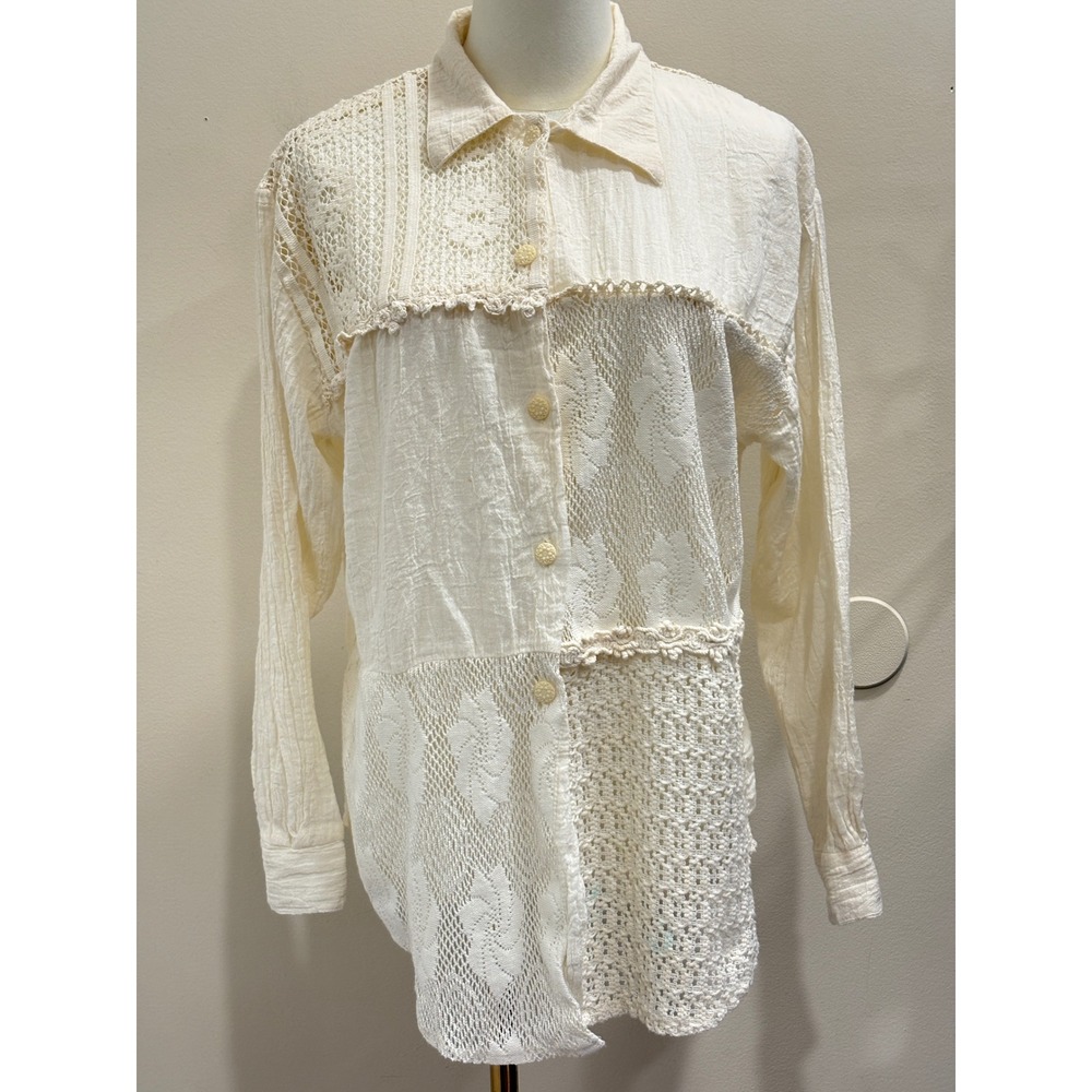 VTG 90s Compagnie Internationale Express Cream Crochet Lace Patchwork Shirt M